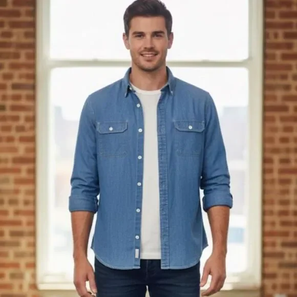 Sonoma Unisex Chambray Denim Button Down Shirt Size Small Layering Western - Picture 3 of 7